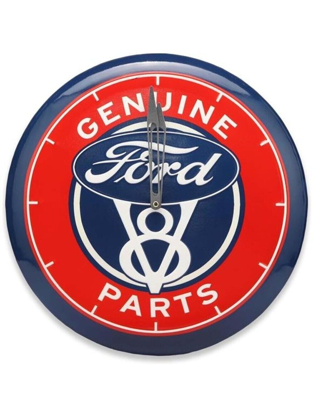 Official Ford V8 Genuine Parts Round Embossed Metal Hanging Wall Clock Collector